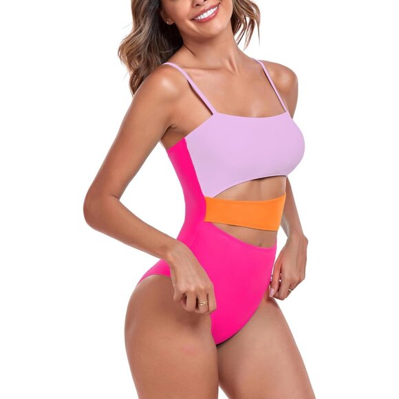 🆕Women Purple Orange Hot Pink Polyamide Geometric Cutout Bandeau One Piece Swim - Picture 4 of 7